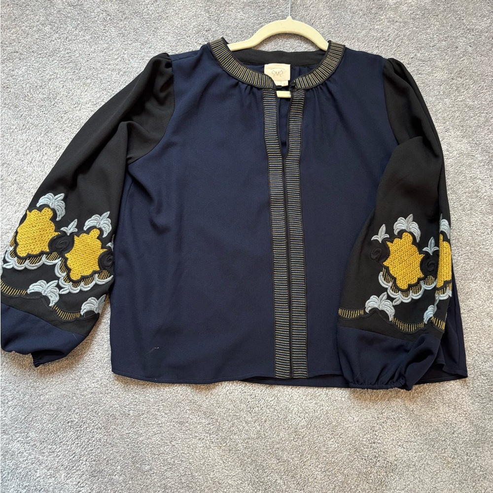 Anthropologie Black , Navy and Yellow Embellished Blouse with Mandarin Collar